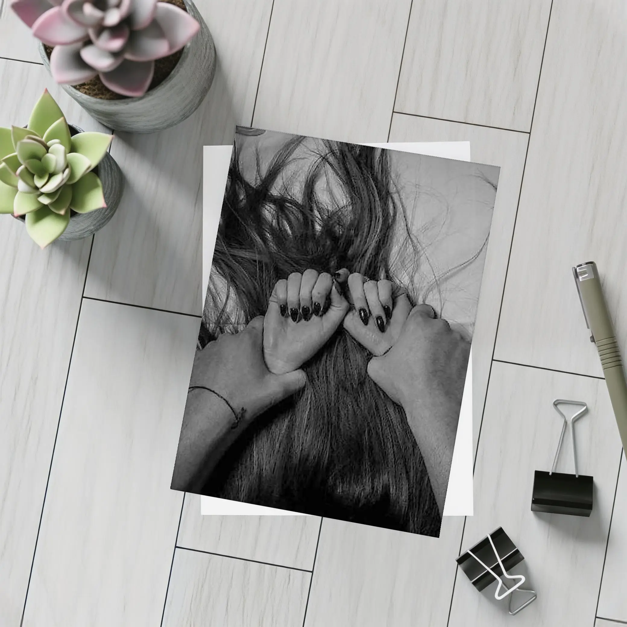 Black and White Hands Grasping Dark Hair – Postcards