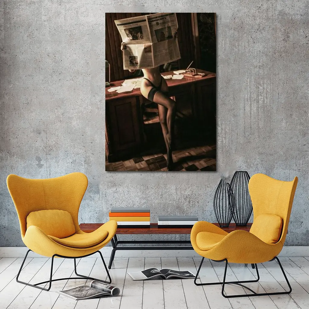 Sexy Woman Reading Newspaper at Office Desk – Wall Art