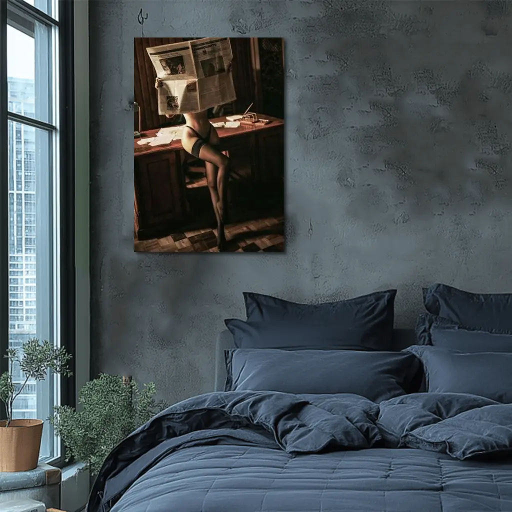 Sexy Woman Reading Newspaper at Office Desk – Wall Art