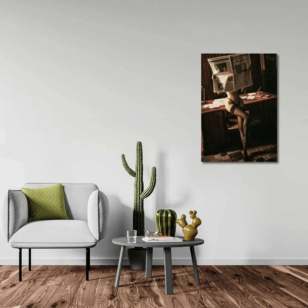 Sexy Woman Reading Newspaper at Office Desk – Wall Art