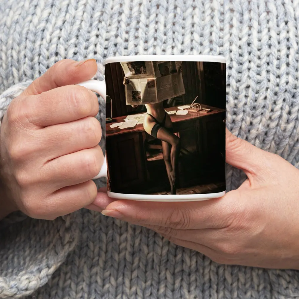 Sexy Woman Reading Newspaper at Office Desk – Mugs