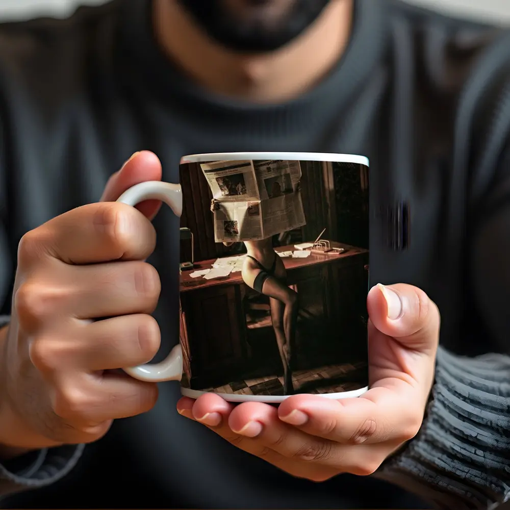 Sexy Woman Reading Newspaper at Office Desk – Mugs