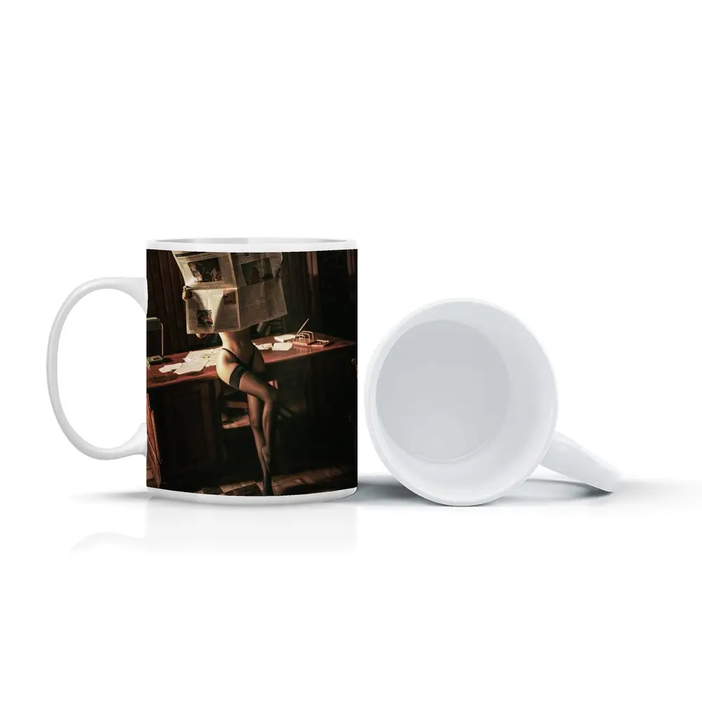 Sexy Woman Reading Newspaper at Office Desk – Mugs