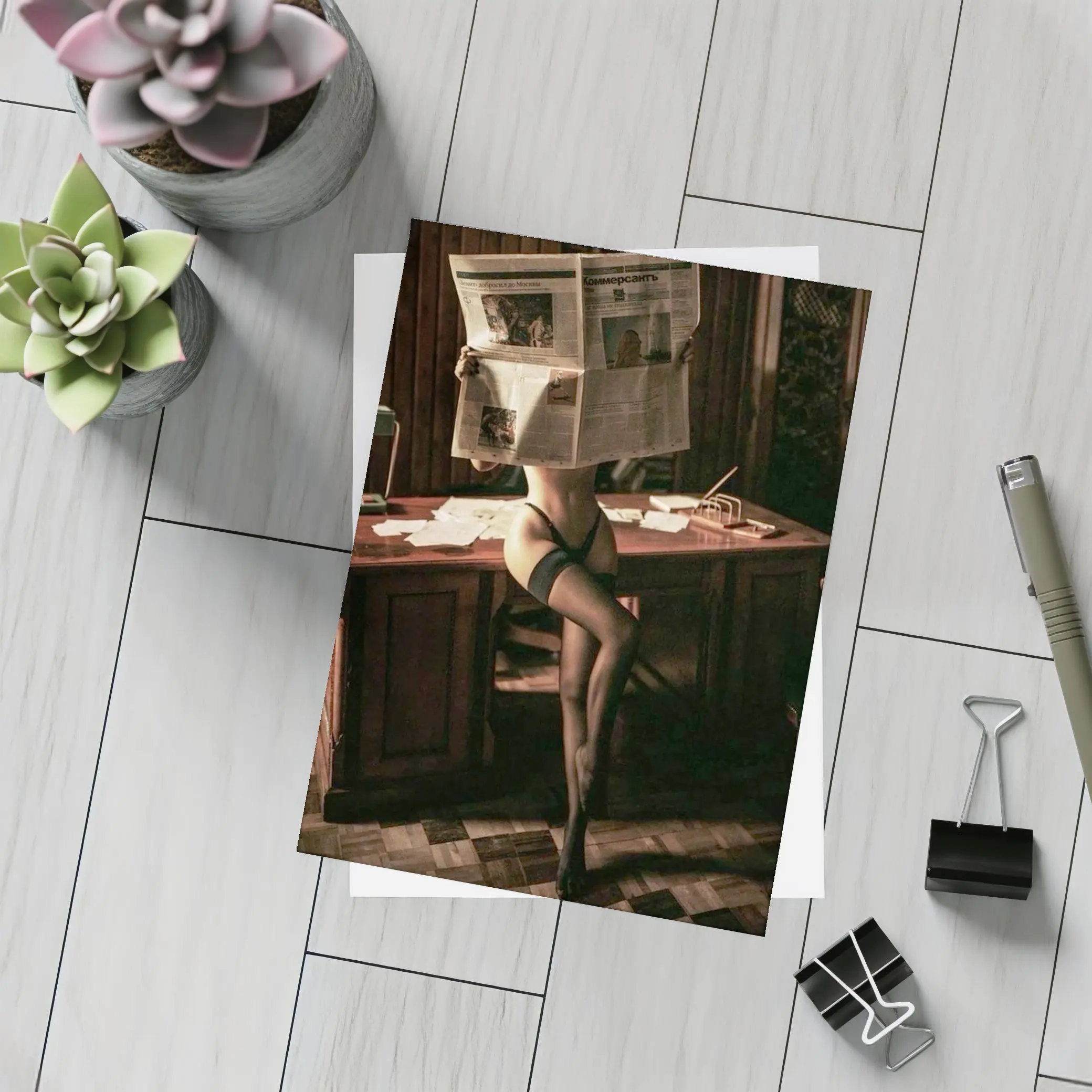 Sexy Woman Reading Newspaper at Office Desk – Postcards