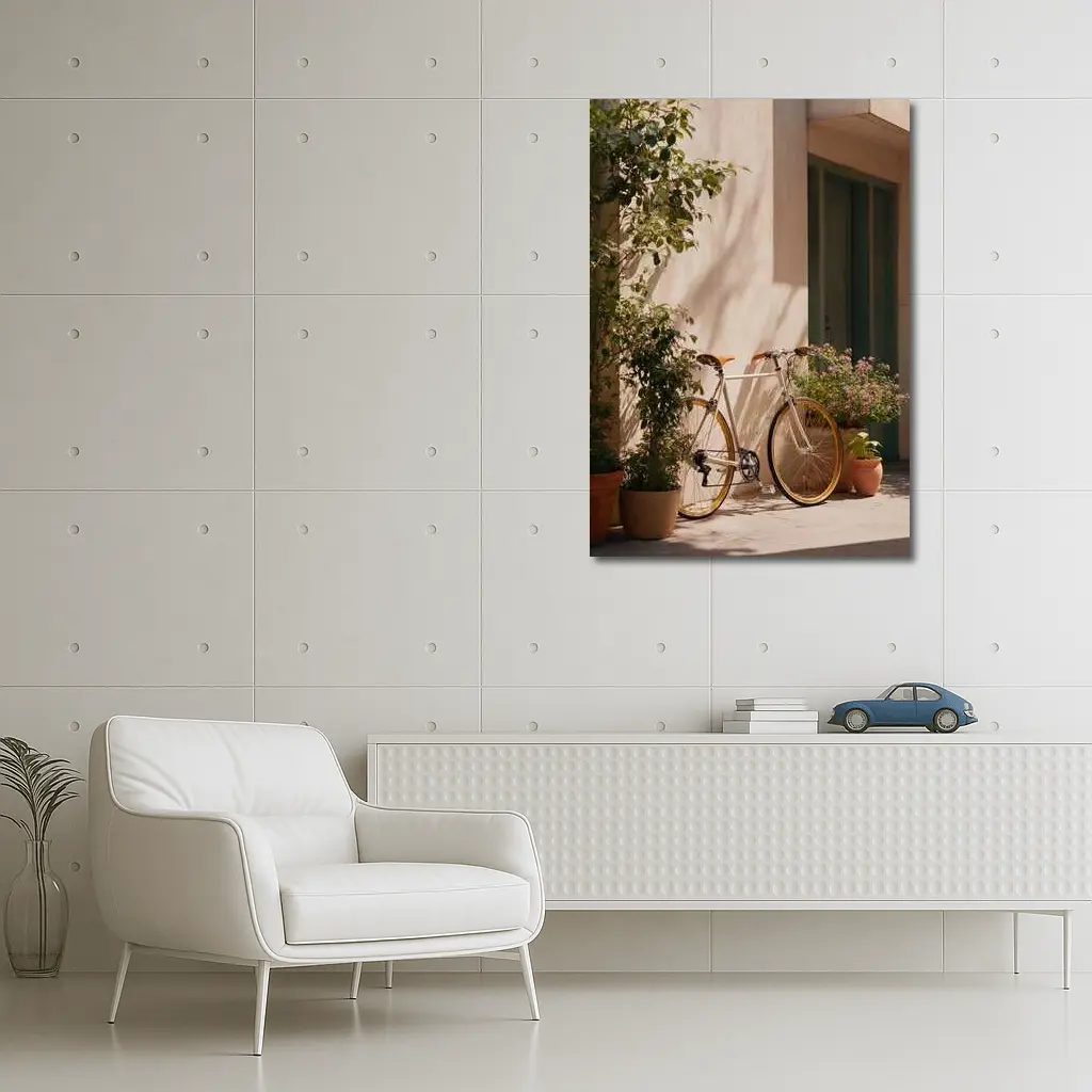 Vintage Bicycle Leaning Against Sunny Courtyard Wall – Wall Art
