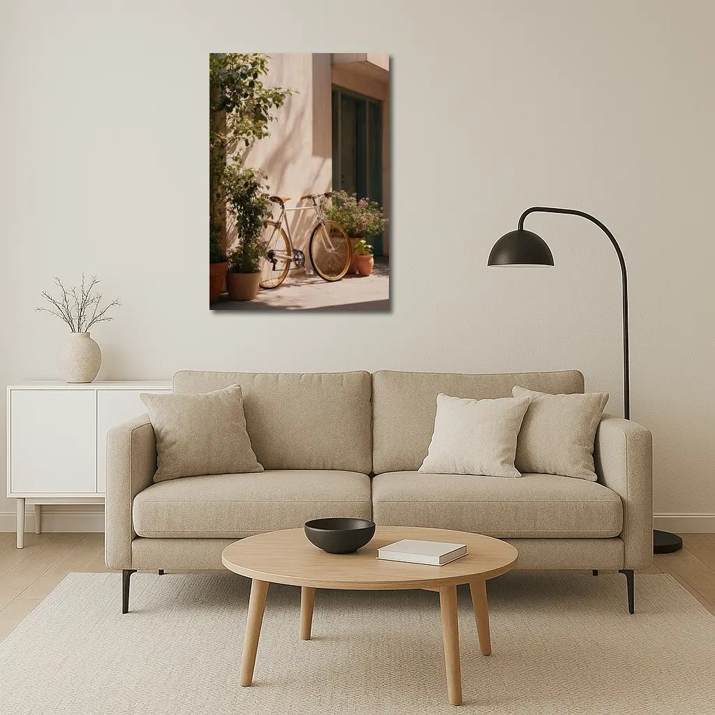 Vintage Bicycle Leaning Against Sunny Courtyard Wall – Wall Art