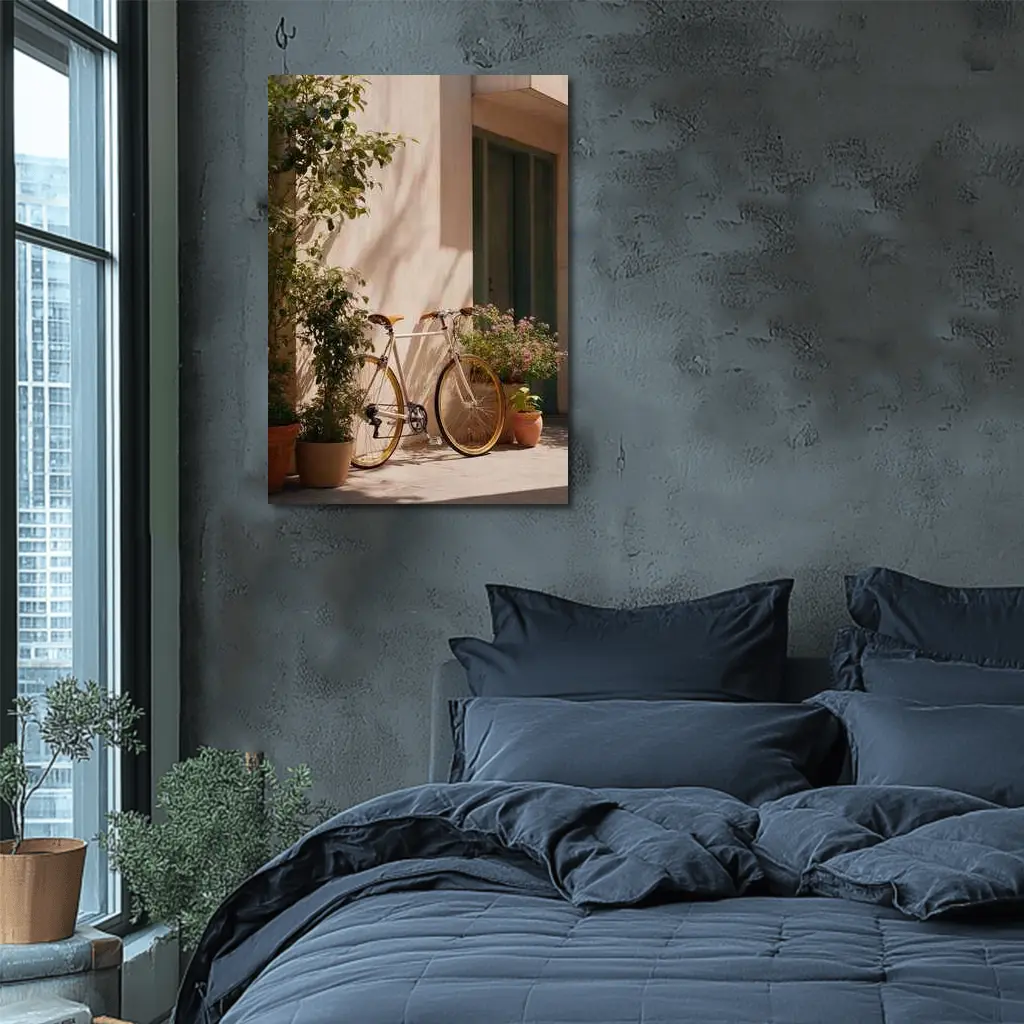 Vintage Bicycle Leaning Against Sunny Courtyard Wall – Wall Art