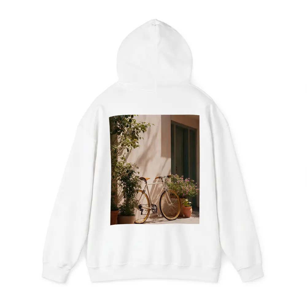 Vintage Bicycle Leaning Against Sunny Courtyard Wall – Hoodies