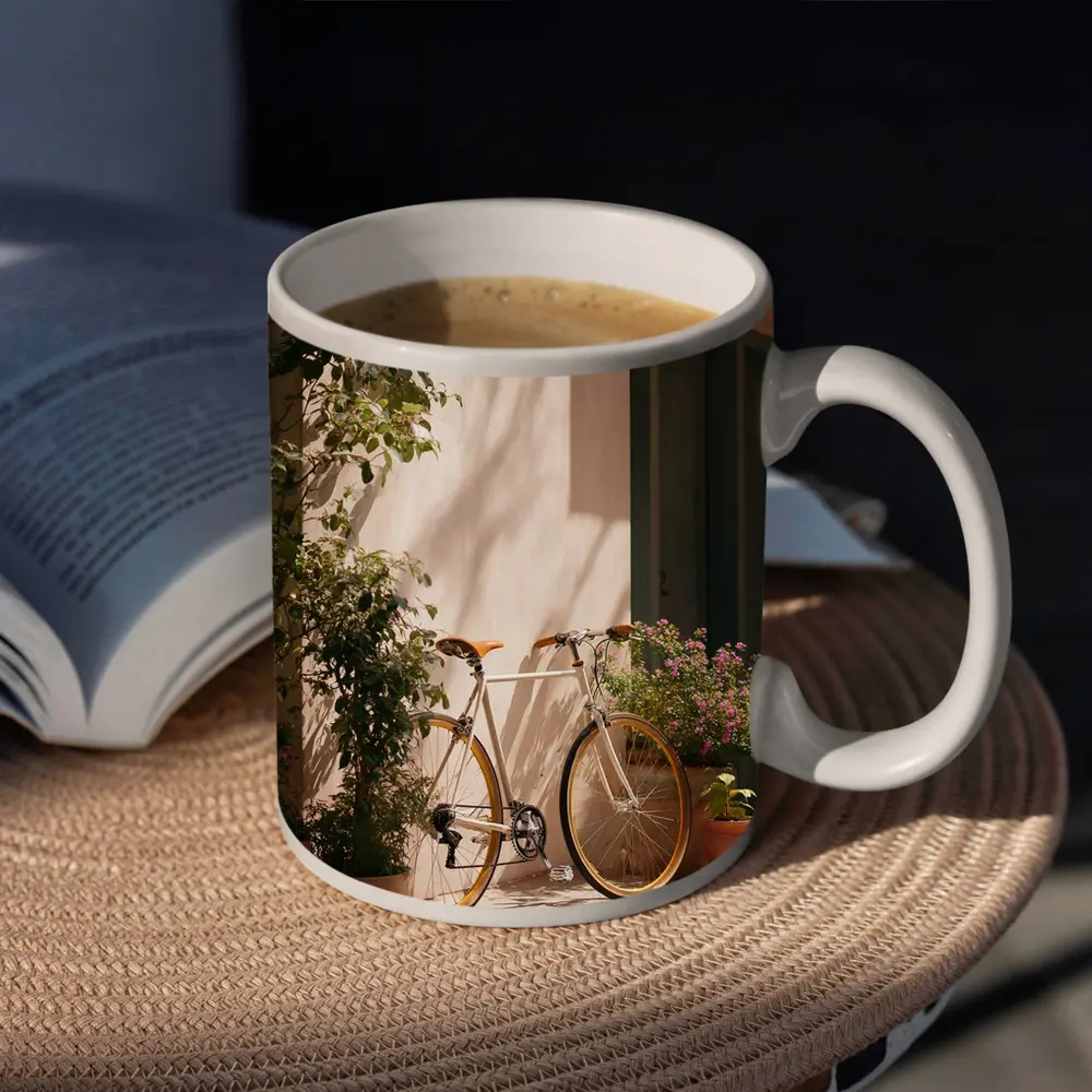 Vintage Bicycle Leaning Against Sunny Courtyard Wall – Mugs