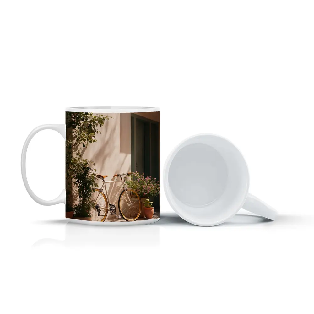 Vintage Bicycle Leaning Against Sunny Courtyard Wall – Mugs