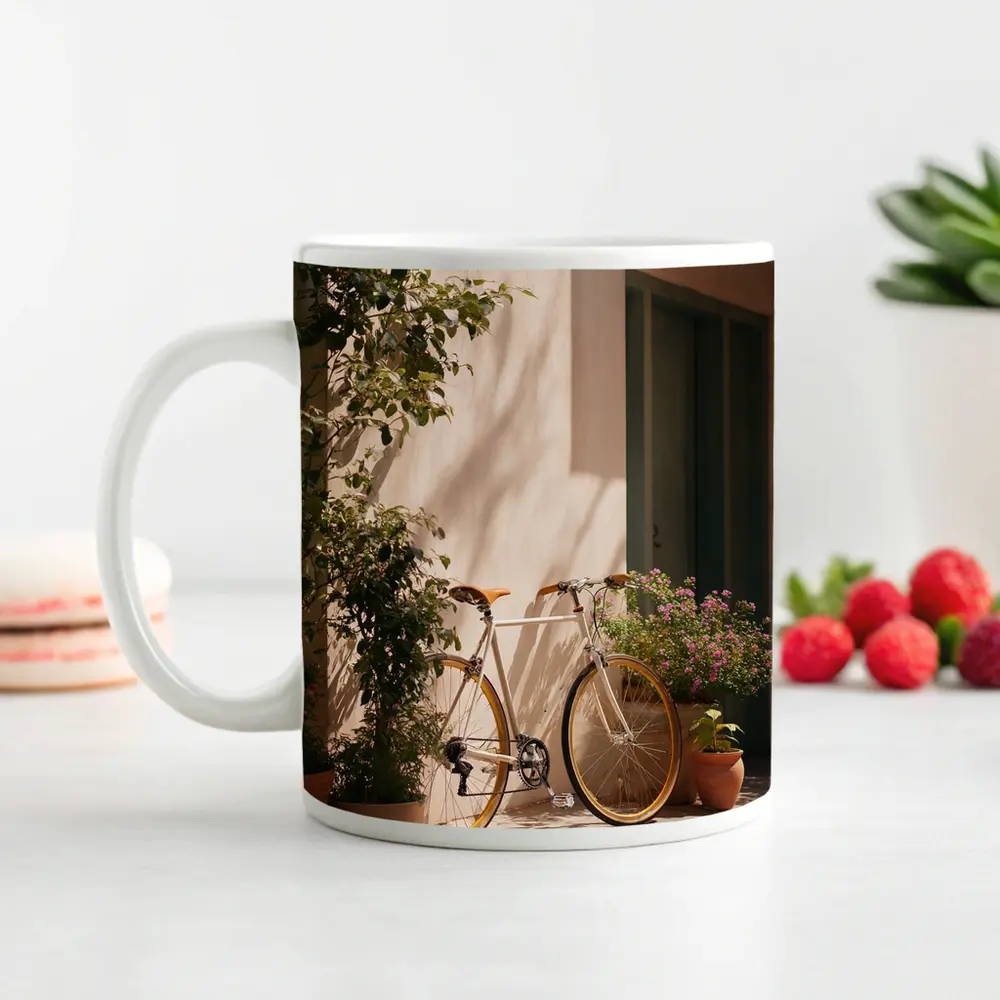 Vintage Bicycle Leaning Against Sunny Courtyard Wall – Mugs