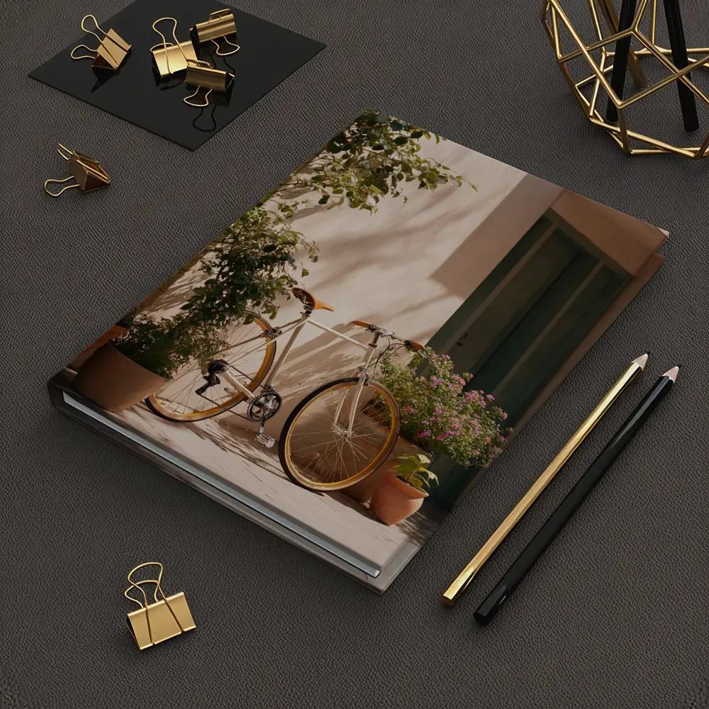 Vintage Bicycle Leaning Against Sunny Courtyard Wall – Notebooks