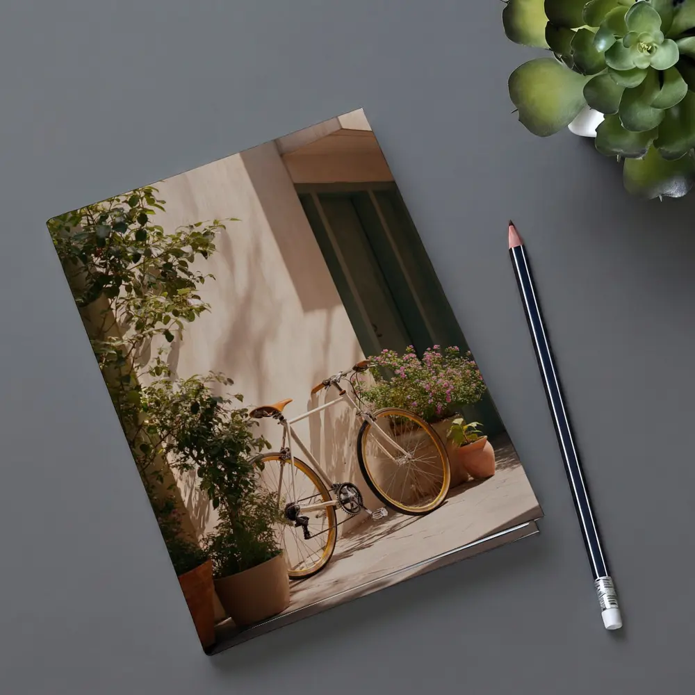 Vintage Bicycle Leaning Against Sunny Courtyard Wall – Notebooks