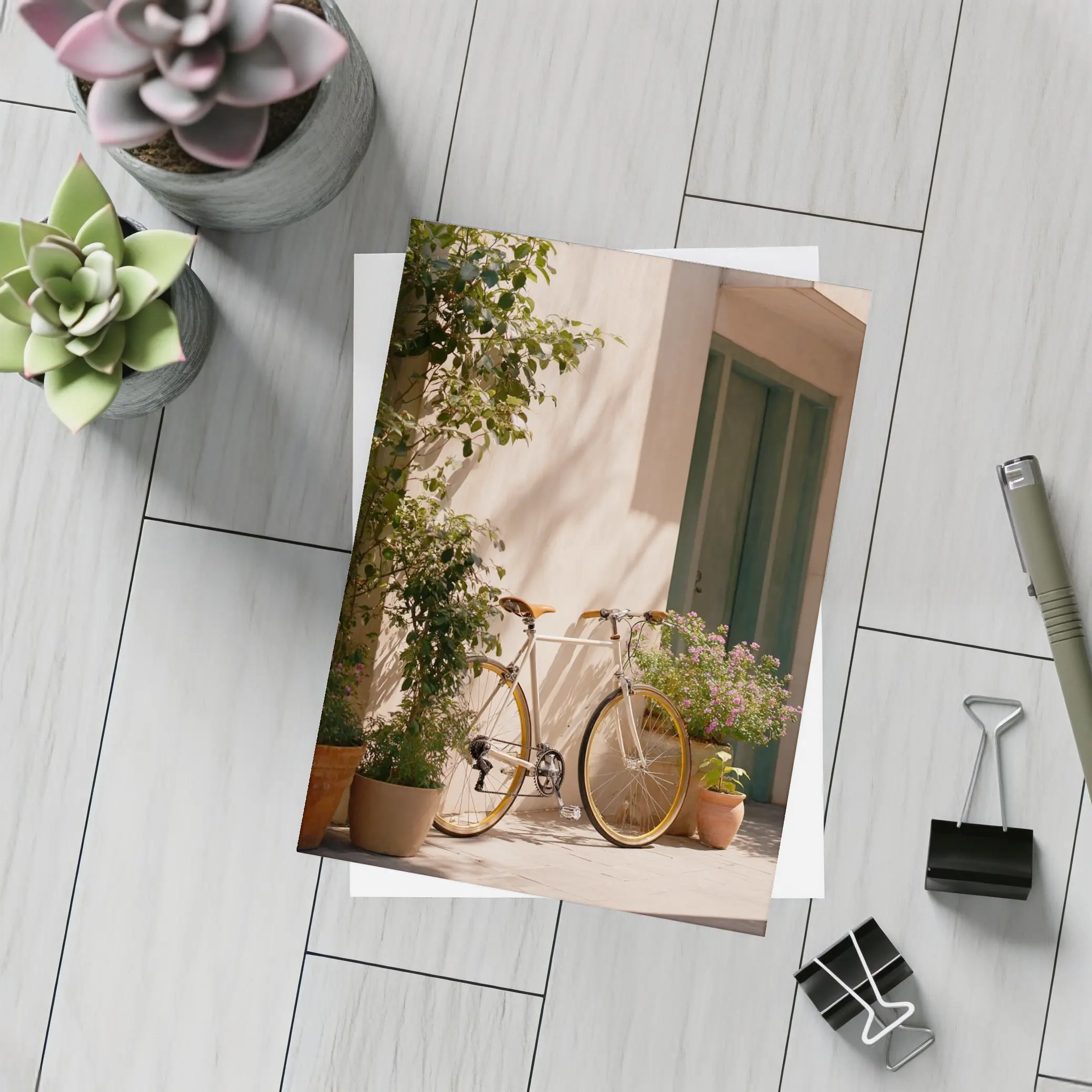 Vintage Bicycle Leaning Against Sunny Courtyard Wall – Postcards