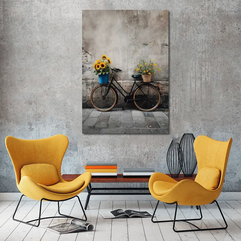 Vintage Bicycle Sunflowers Against Stone Wall – Wall Art