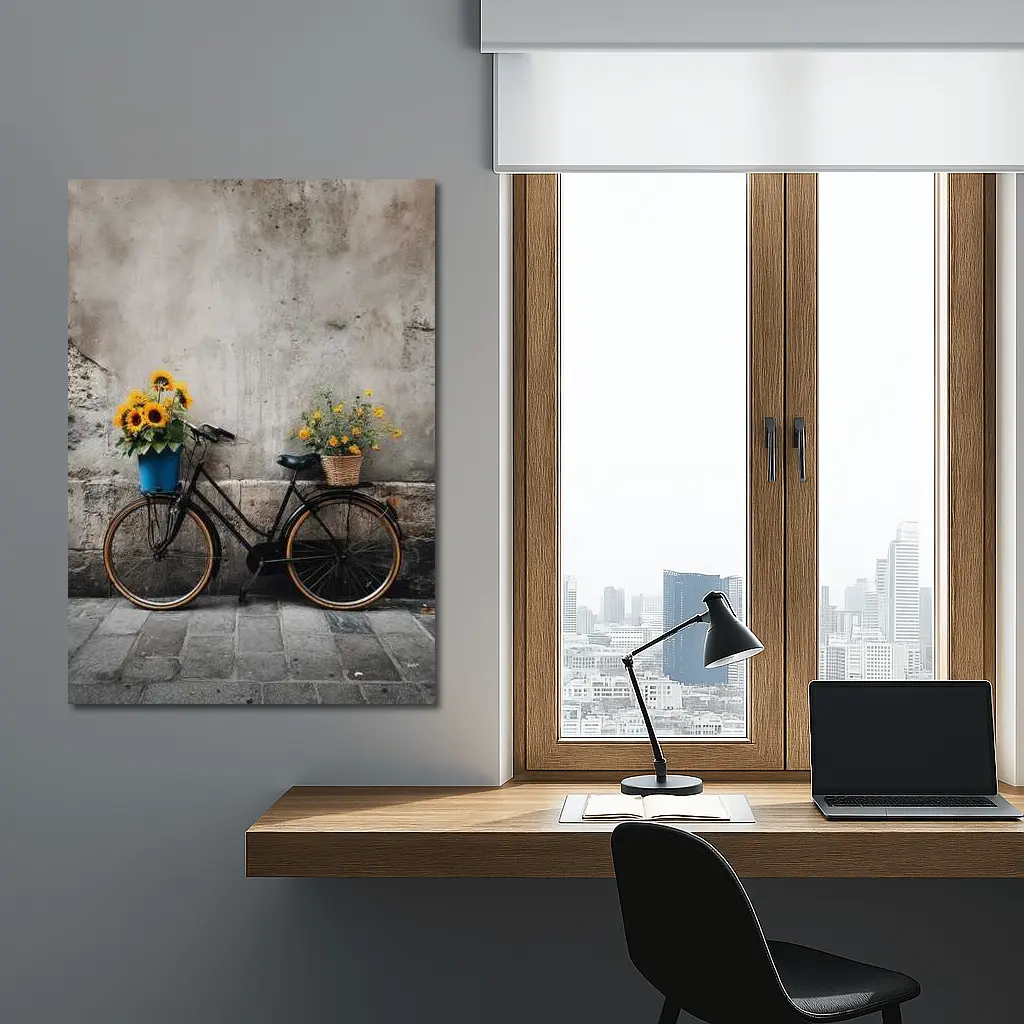 Vintage Bicycle Sunflowers Against Stone Wall – Wall Art