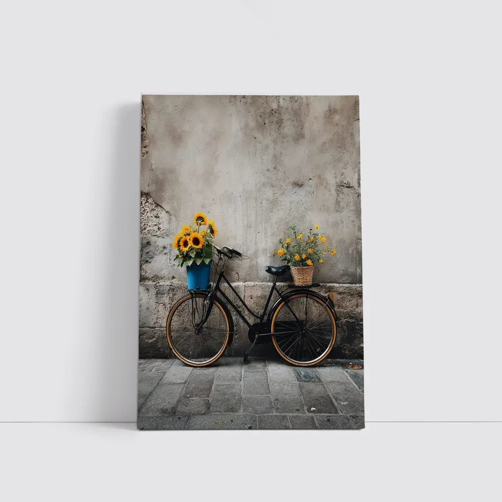 Vintage Bicycle Sunflowers Against Stone Wall – Wall Art