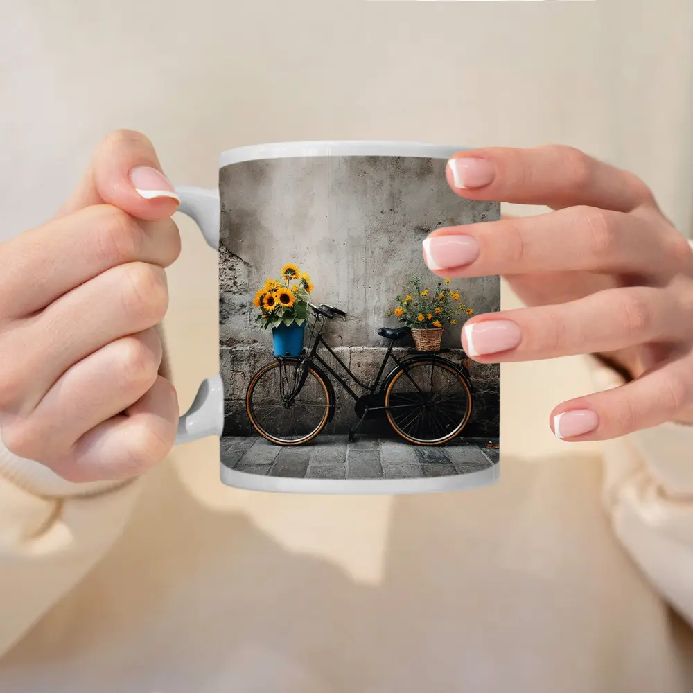 Vintage Bicycle Sunflowers Against Stone Wall – Mugs