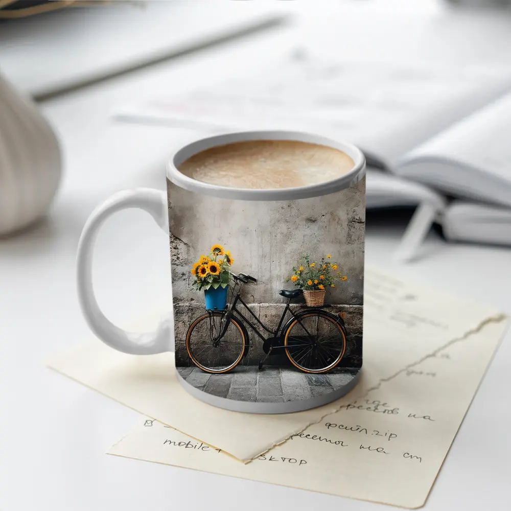 Vintage Bicycle Sunflowers Against Stone Wall – Mugs