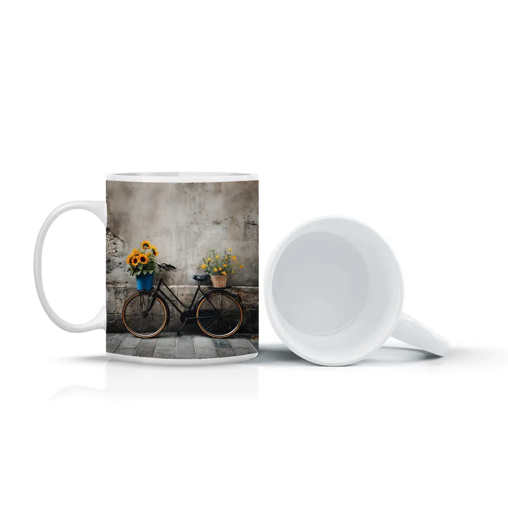Vintage Bicycle Sunflowers Against Stone Wall – Mugs