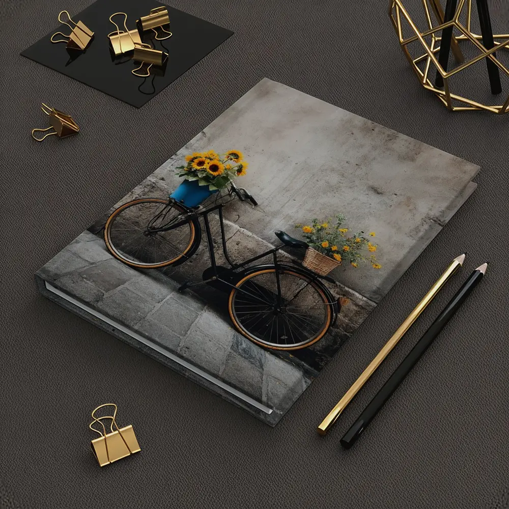 Vintage Bicycle Sunflowers Against Stone Wall – Notebooks