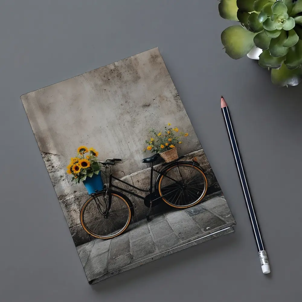 Vintage Bicycle Sunflowers Against Stone Wall – Notebooks