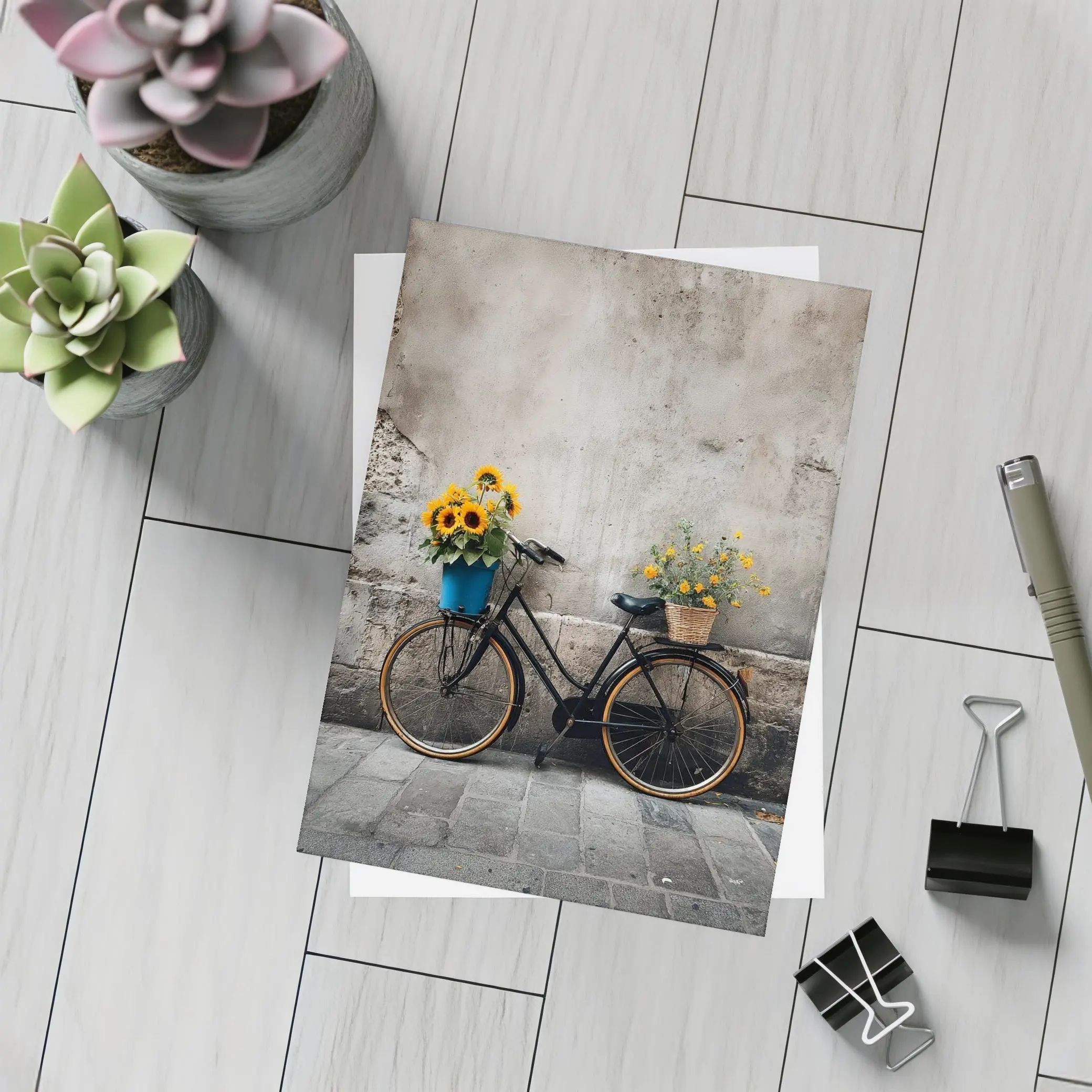 Vintage Bicycle Sunflowers Against Stone Wall – Postcards