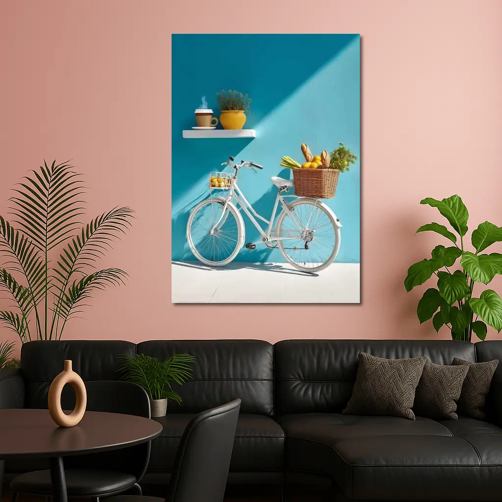White Bicycle With Market Basket Teal Wall – Wall Art