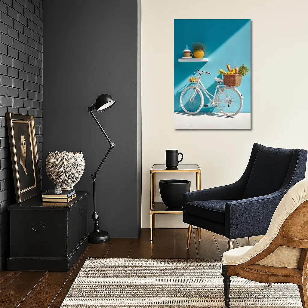 White Bicycle With Market Basket Teal Wall – Wall Art