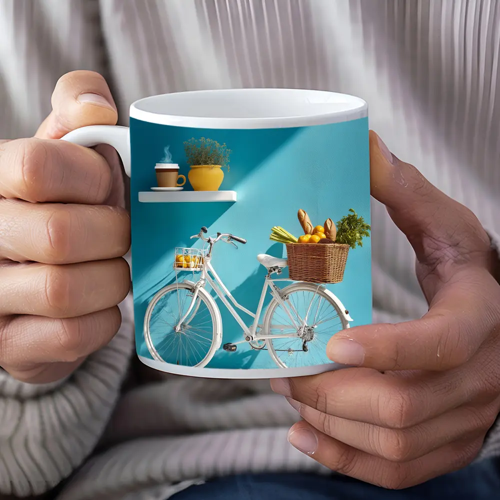 White Bicycle With Market Basket Teal Wall – Mugs