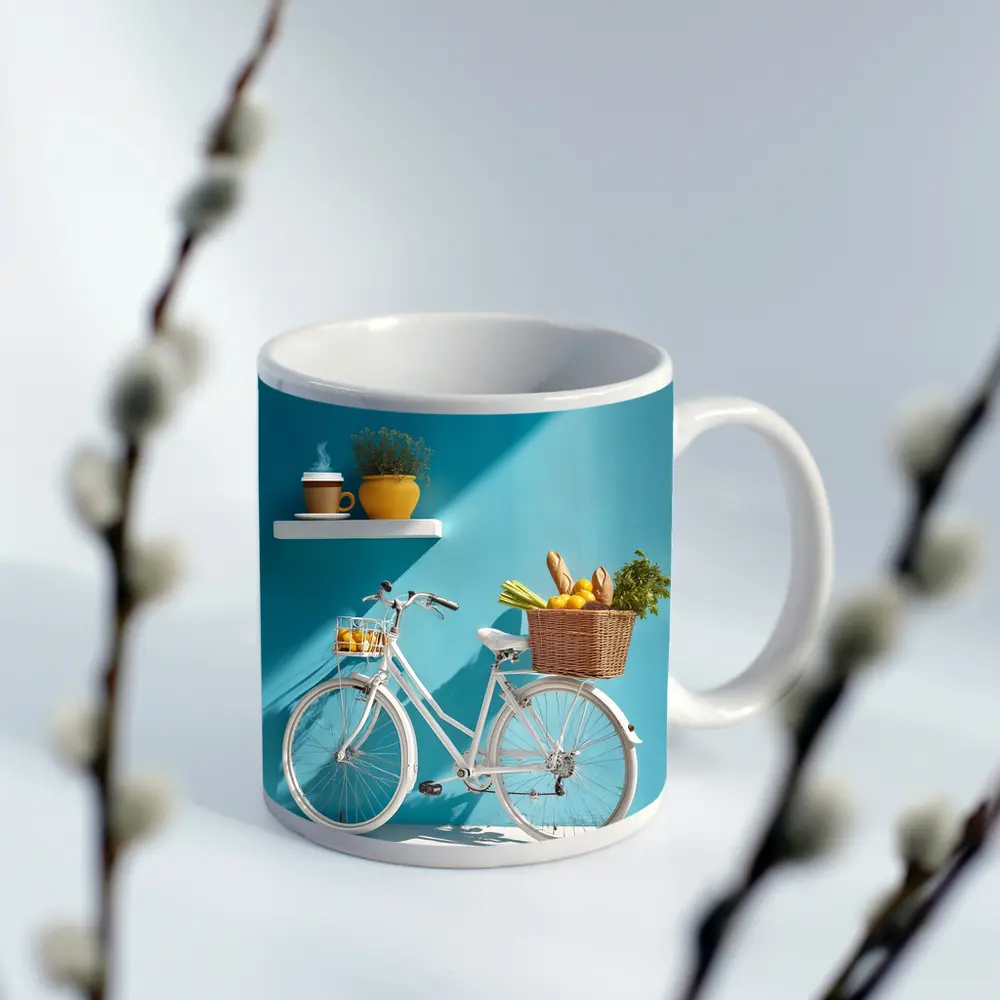 White Bicycle With Market Basket Teal Wall – Mugs