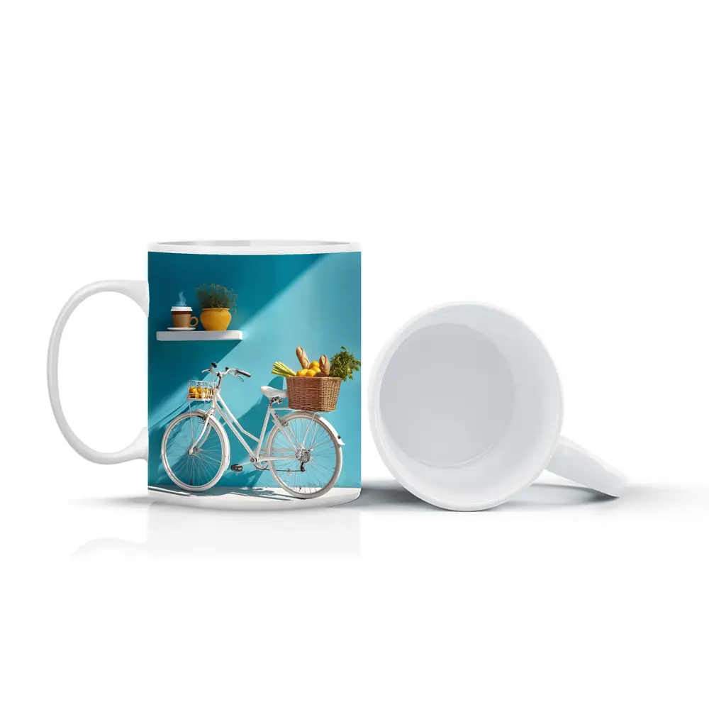 White Bicycle With Market Basket Teal Wall – Mugs