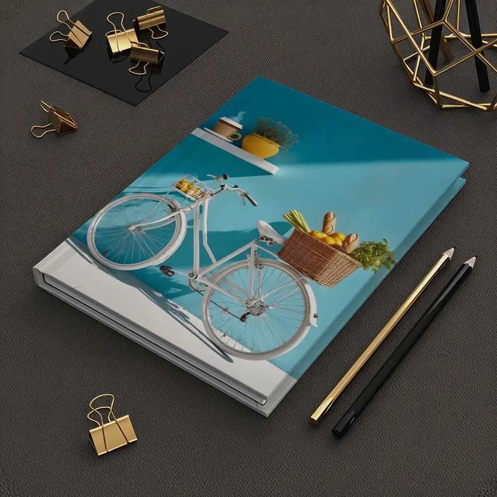 White Bicycle With Market Basket Teal Wall – Notebooks