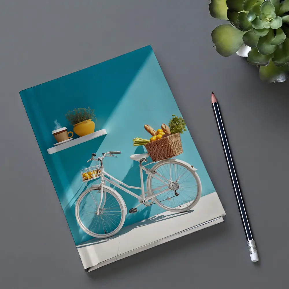White Bicycle With Market Basket Teal Wall – Notebooks