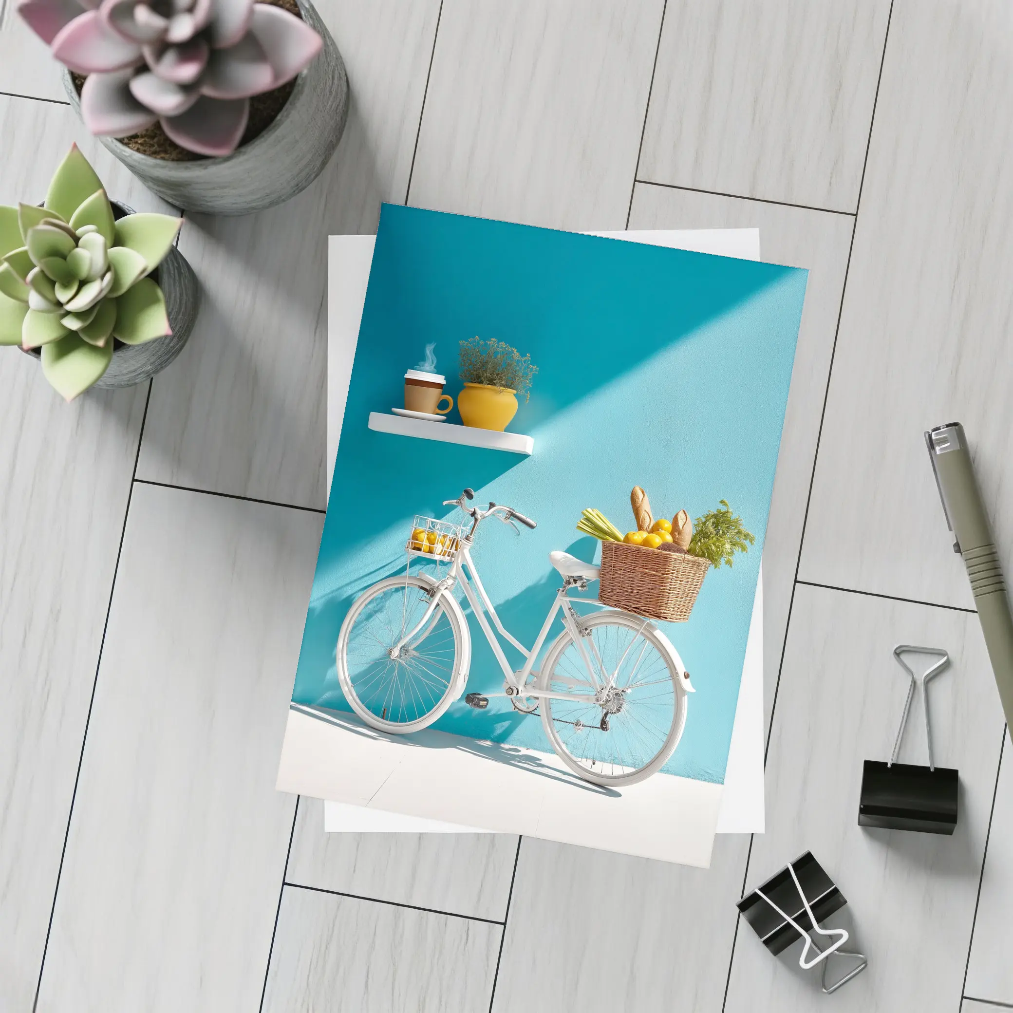 White Bicycle With Market Basket Teal Wall – Postcards
