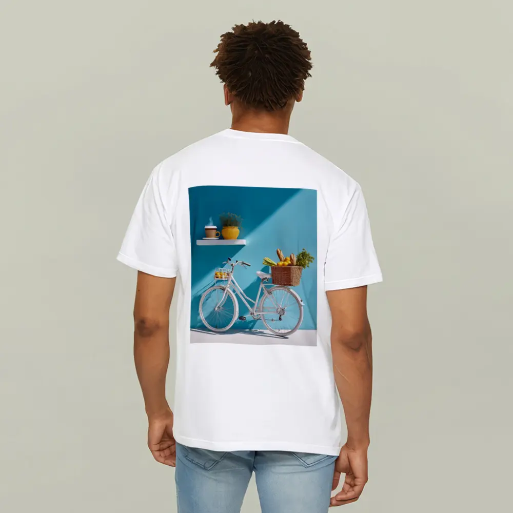 White Bicycle With Market Basket Teal Wall – T-Shirts