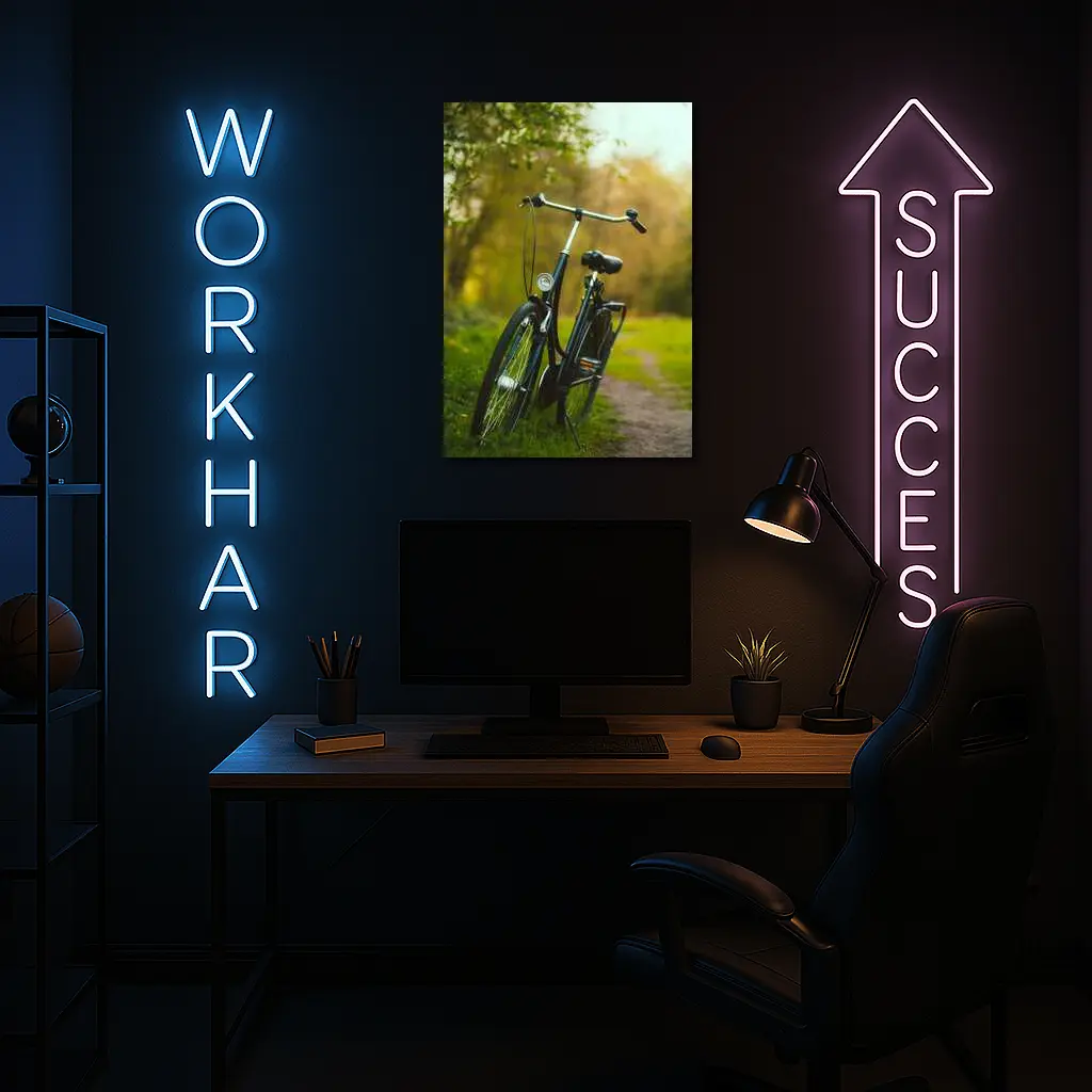 Black City Bicycle Parked On Green Path – Wall Art