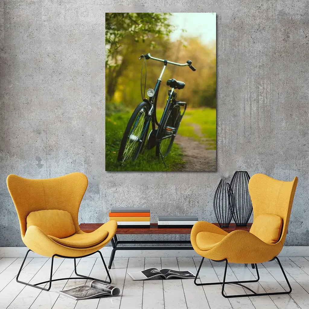 Black City Bicycle Parked On Green Path – Wall Art