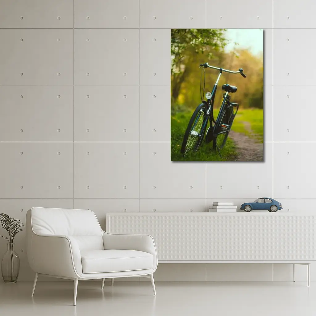 Black City Bicycle Parked On Green Path – Wall Art