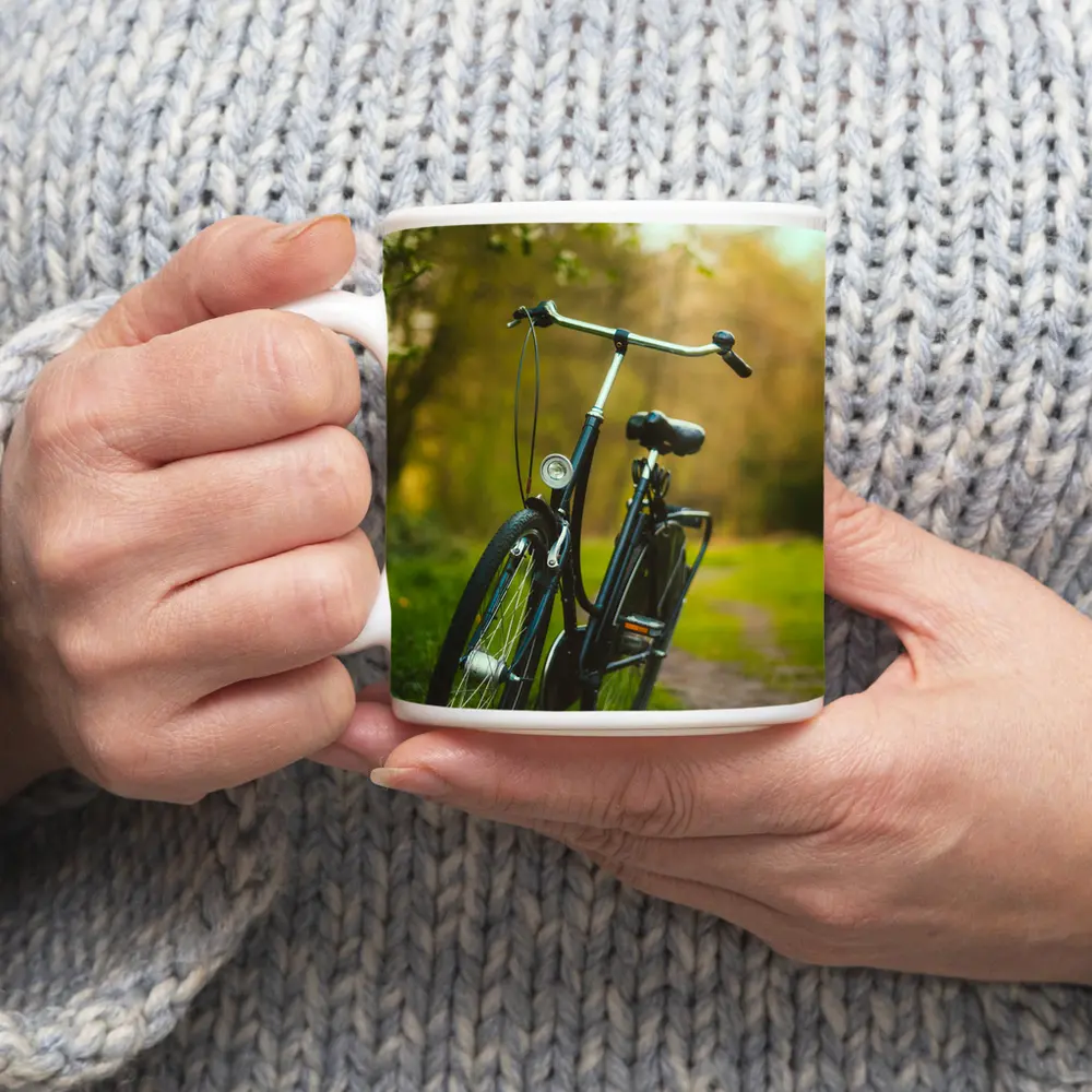 Black City Bicycle Parked On Green Path – Mugs