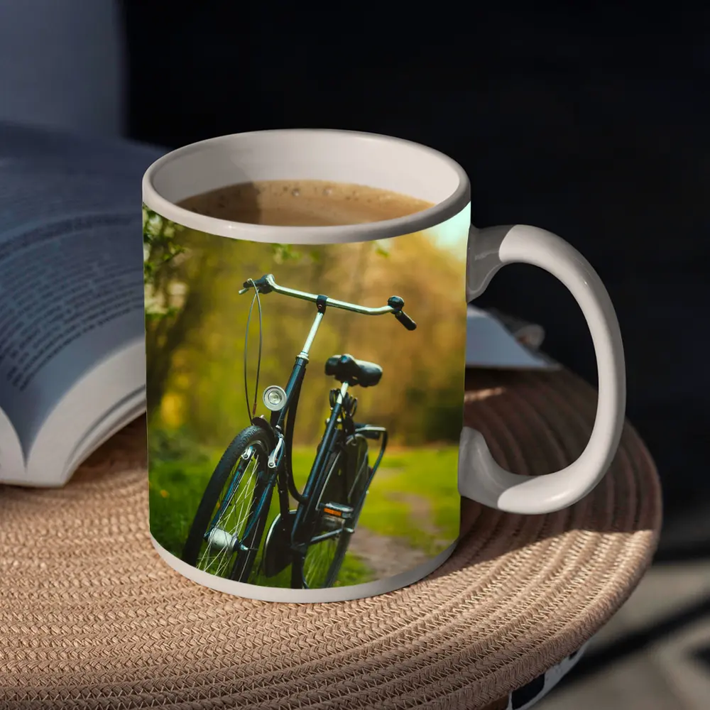 Black City Bicycle Parked On Green Path – Mugs