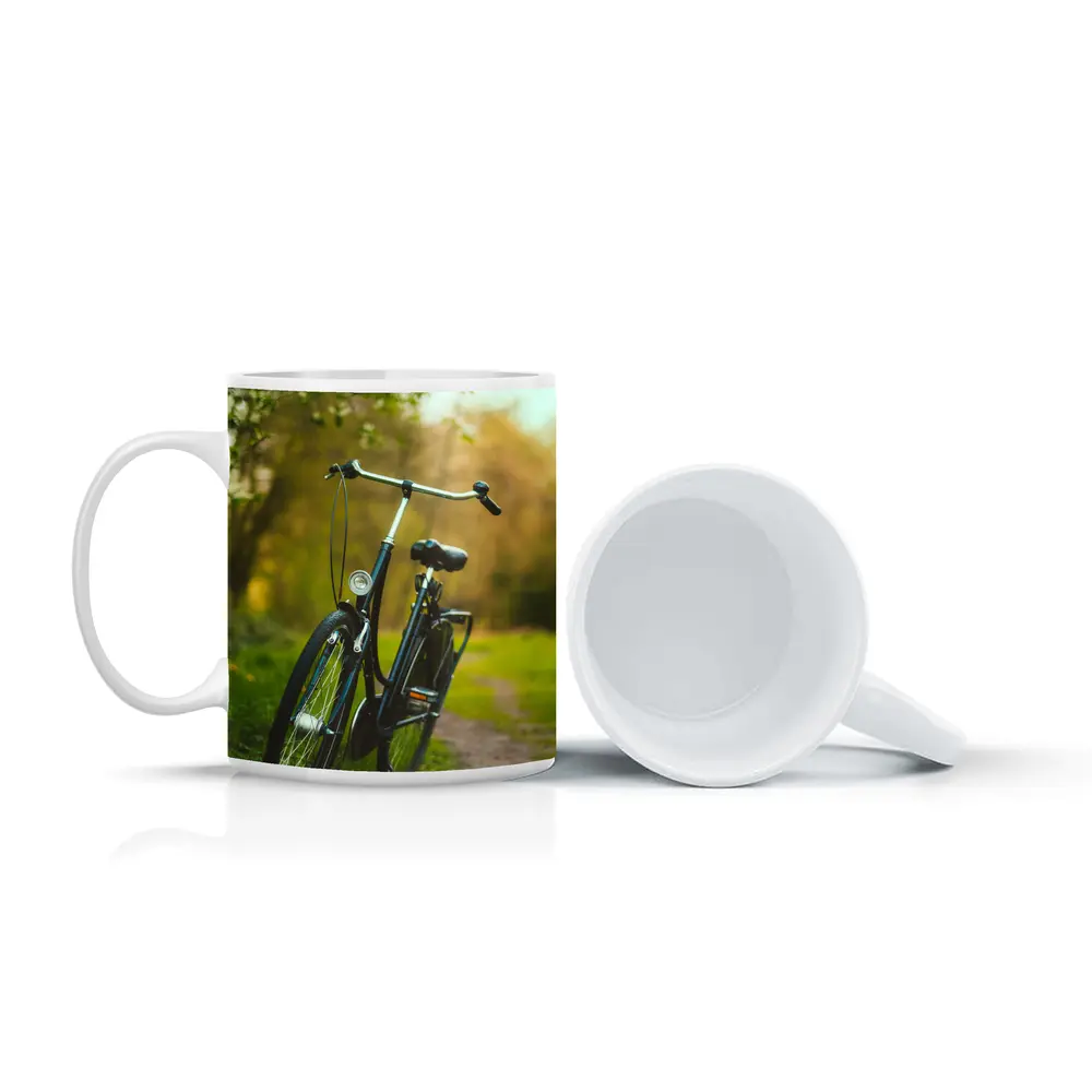 Black City Bicycle Parked On Green Path – Mugs