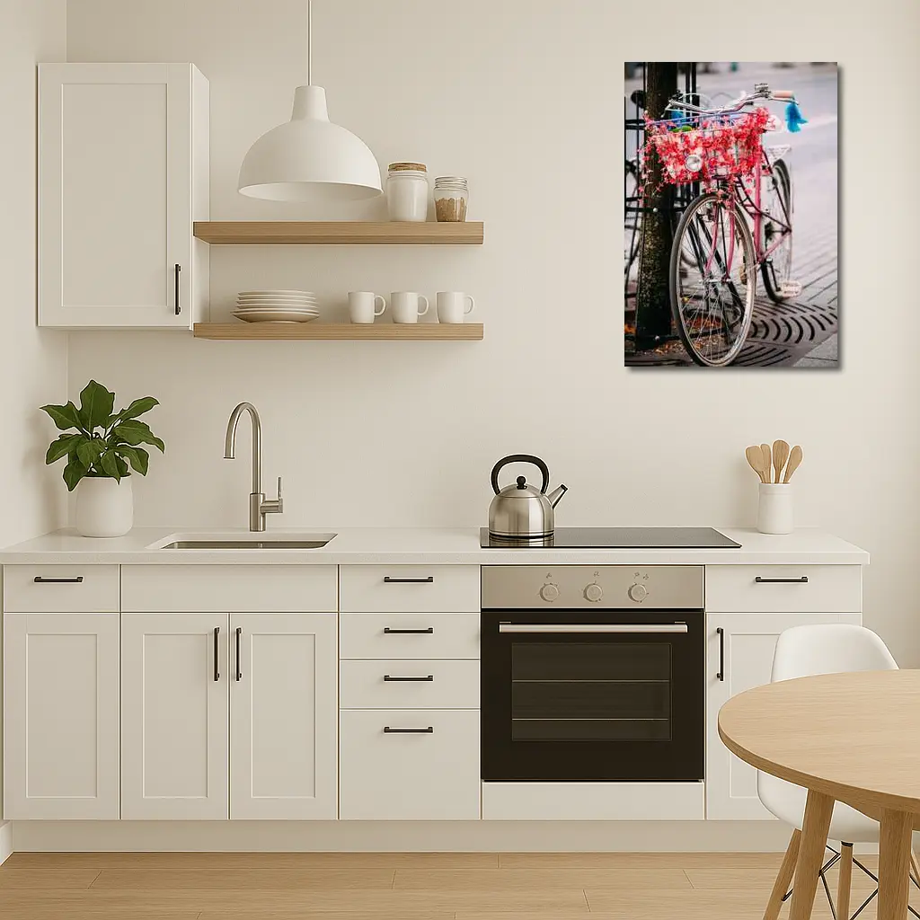 Pink Bicycle With Flowers On City Street – Wall Art