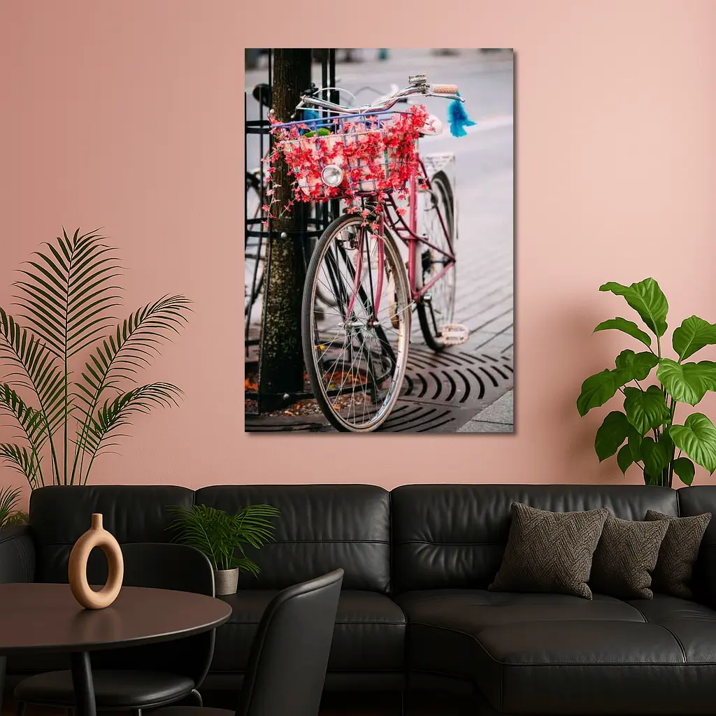 Pink Bicycle With Flowers On City Street – Wall Art