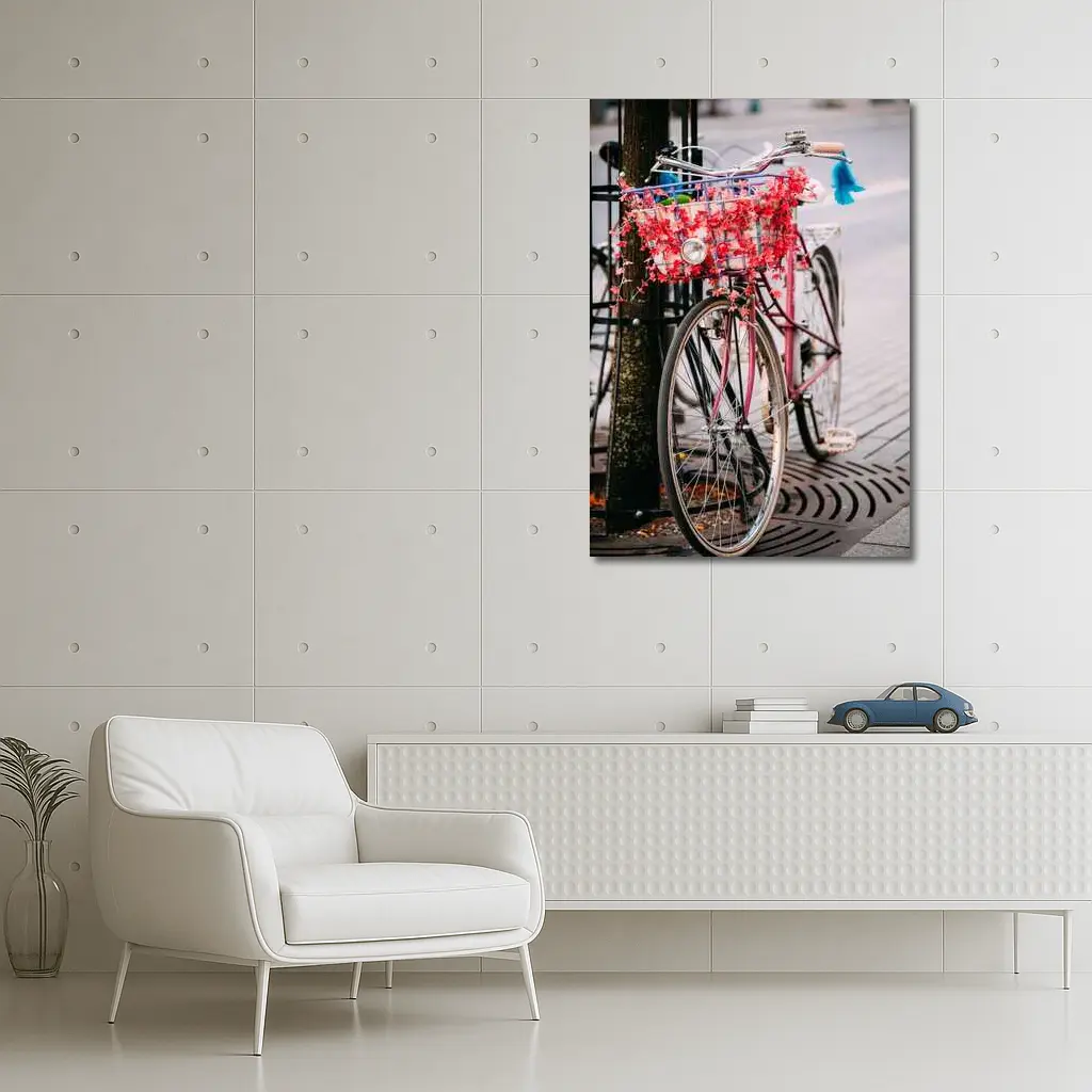 Pink Bicycle With Flowers On City Street – Wall Art