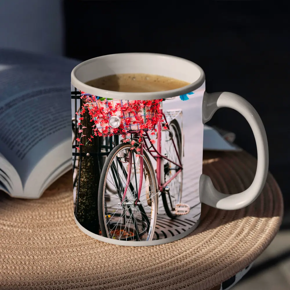 Pink Bicycle With Flowers On City Street – Mugs