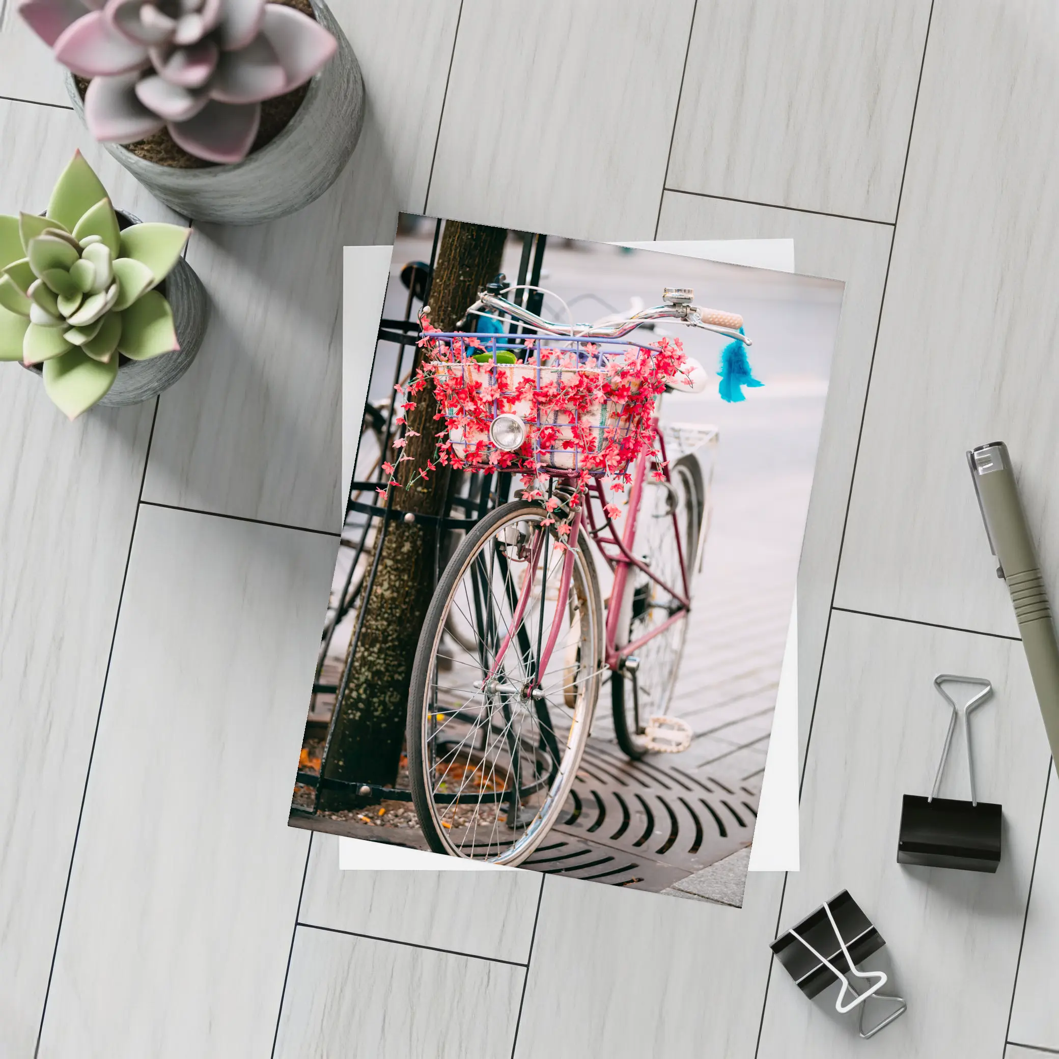 Pink Bicycle With Flowers On City Street – Postcards