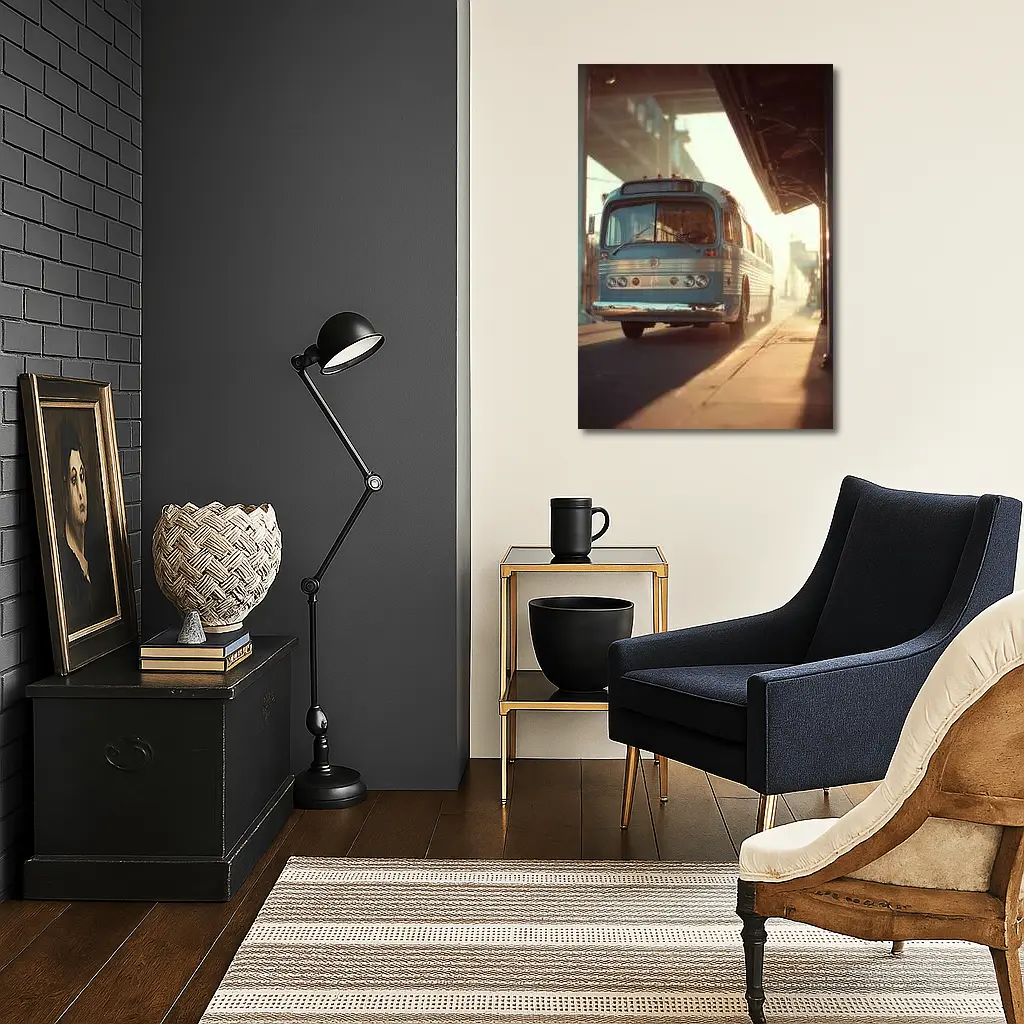 Vintage Blue Bus Urban Street Hazy Morning – Wall Art