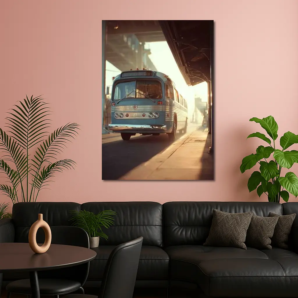 Vintage Blue Bus Urban Street Hazy Morning – Wall Art