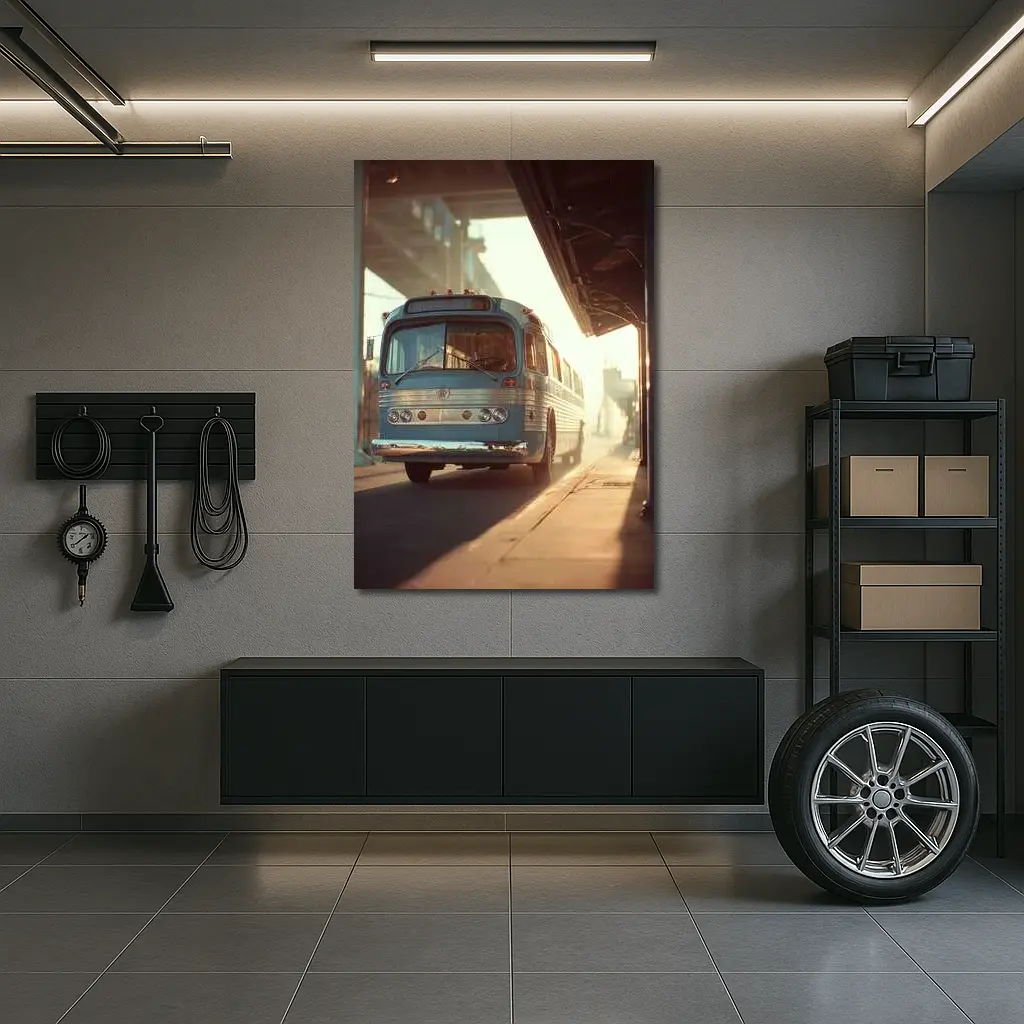 Vintage Blue Bus Urban Street Hazy Morning – Wall Art